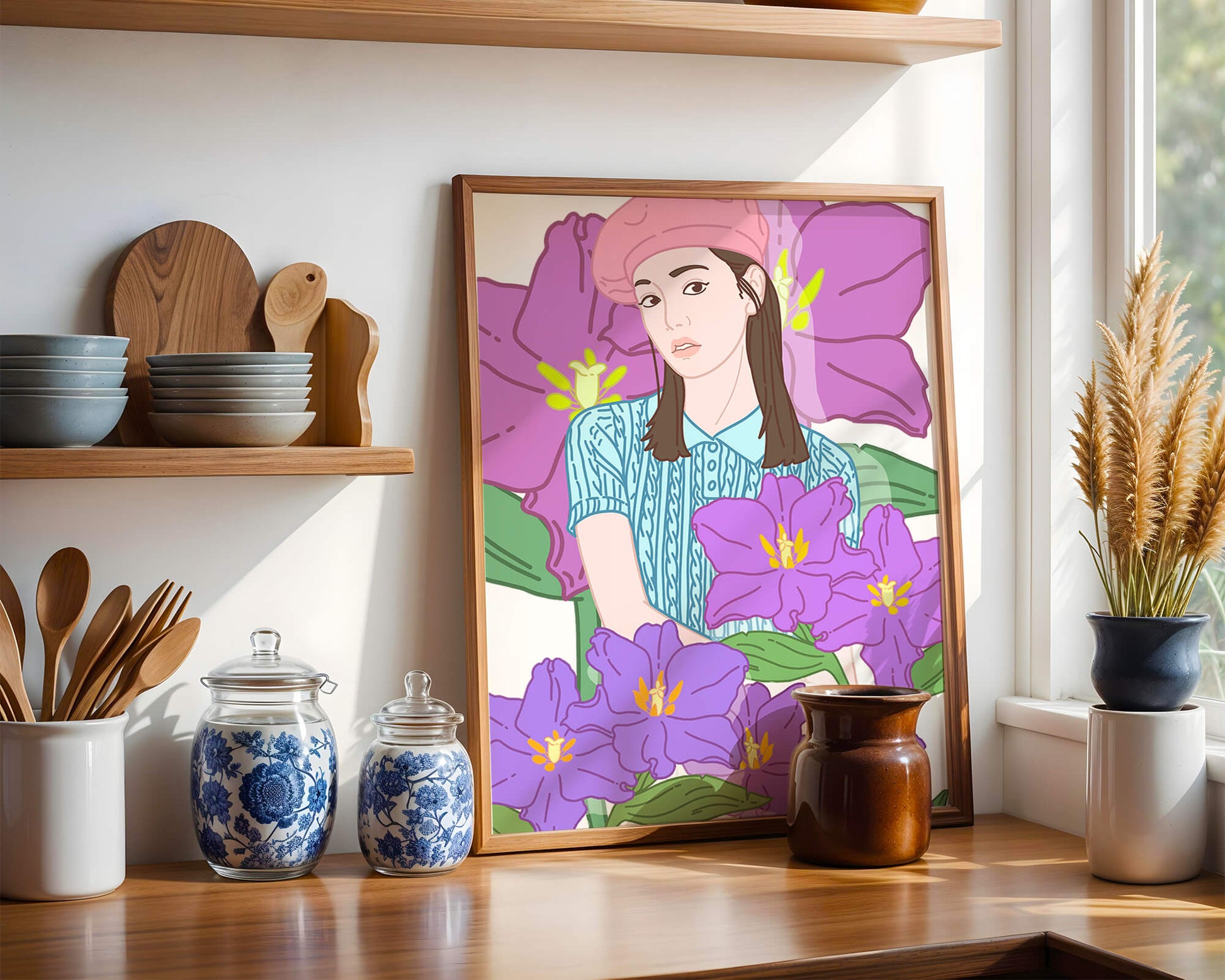 Ilustración de una joven con boina rosa y flores moradas