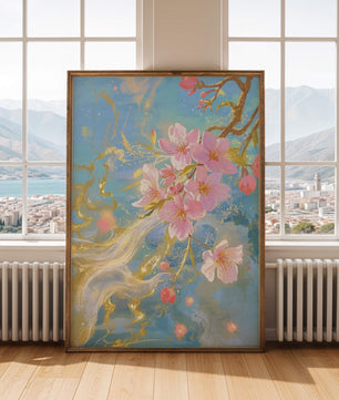 Beautiful Cherry Blossom Branch with Golden Highlights on a Soft Blue Background - Mi tienda