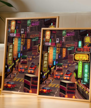 Vibrant urban street with neon signs and bustling traffic at night