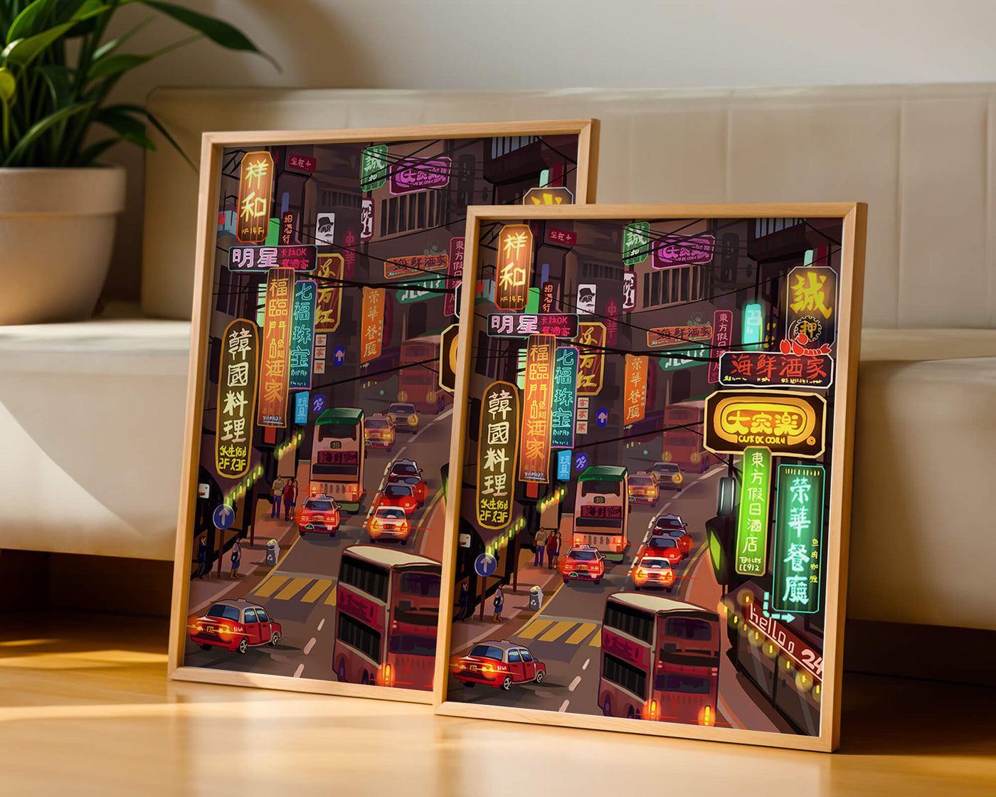 Vibrant urban street with neon signs and bustling traffic at night