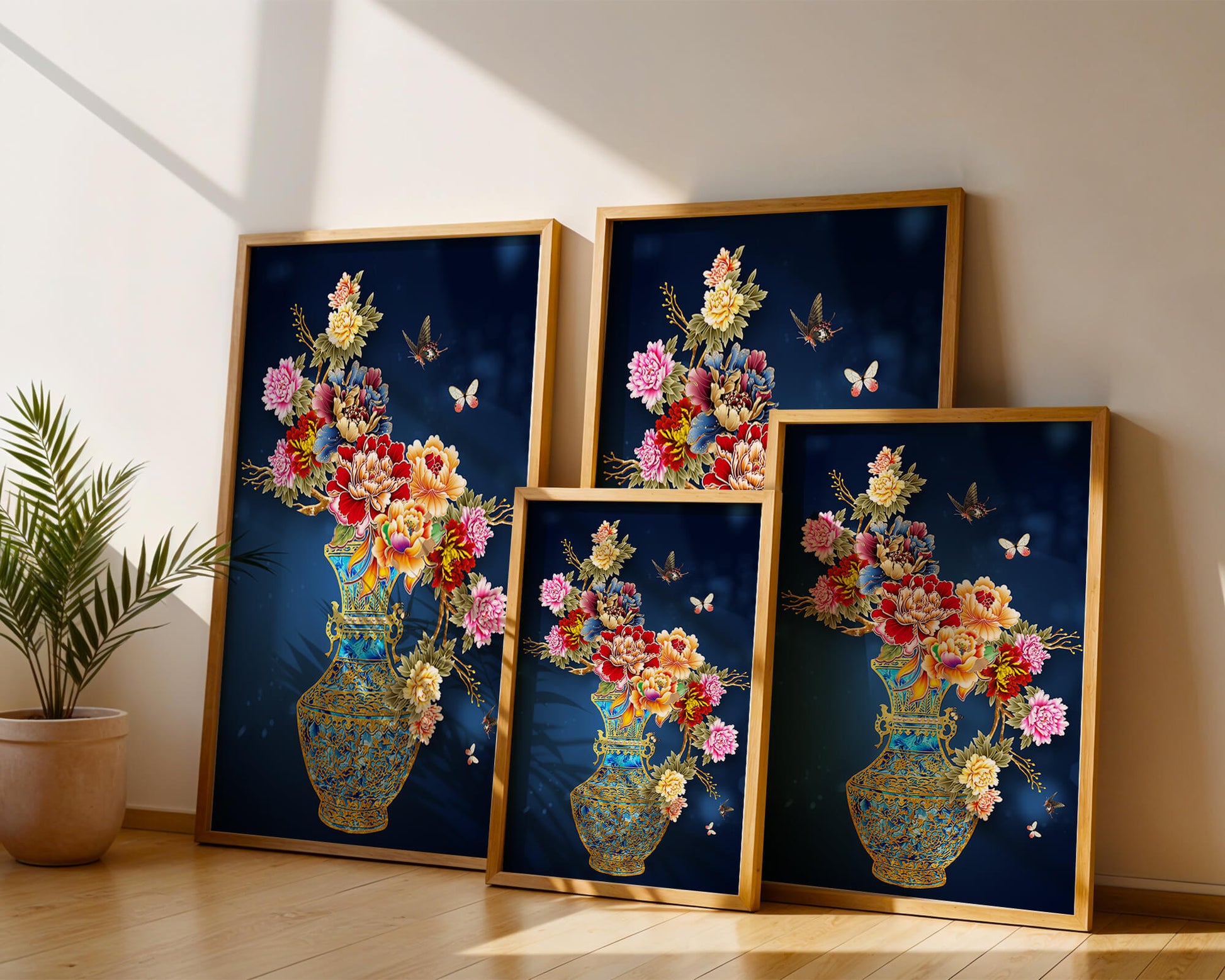 Elegant floral arrangement in ornate gold-accented vase with butterflies