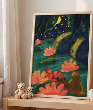 Mystical night garden with bright flowers and starlit sky