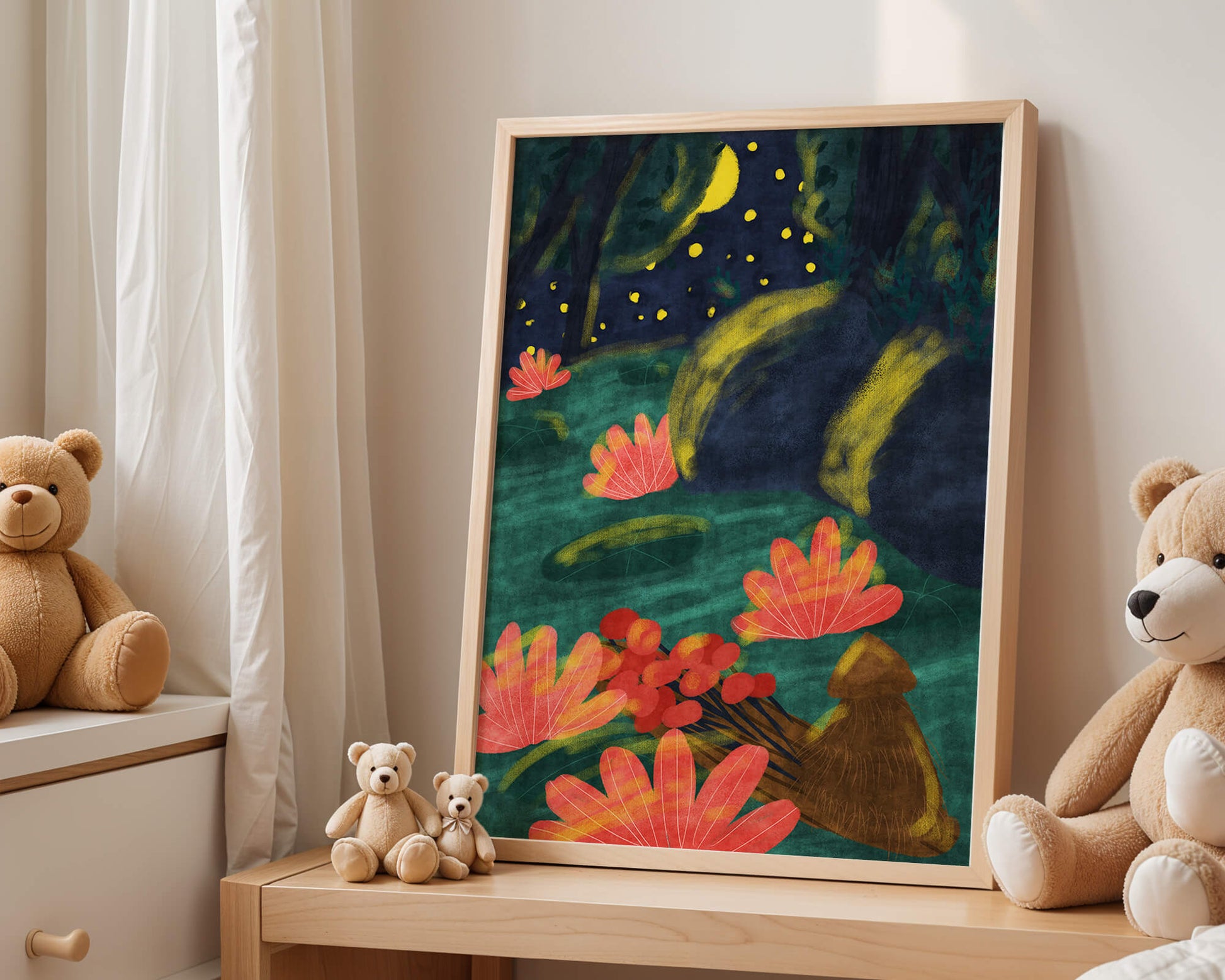 Mystical night garden with bright flowers and starlit sky
