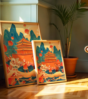 Traditional Chinese festival with lanterns and lion dance