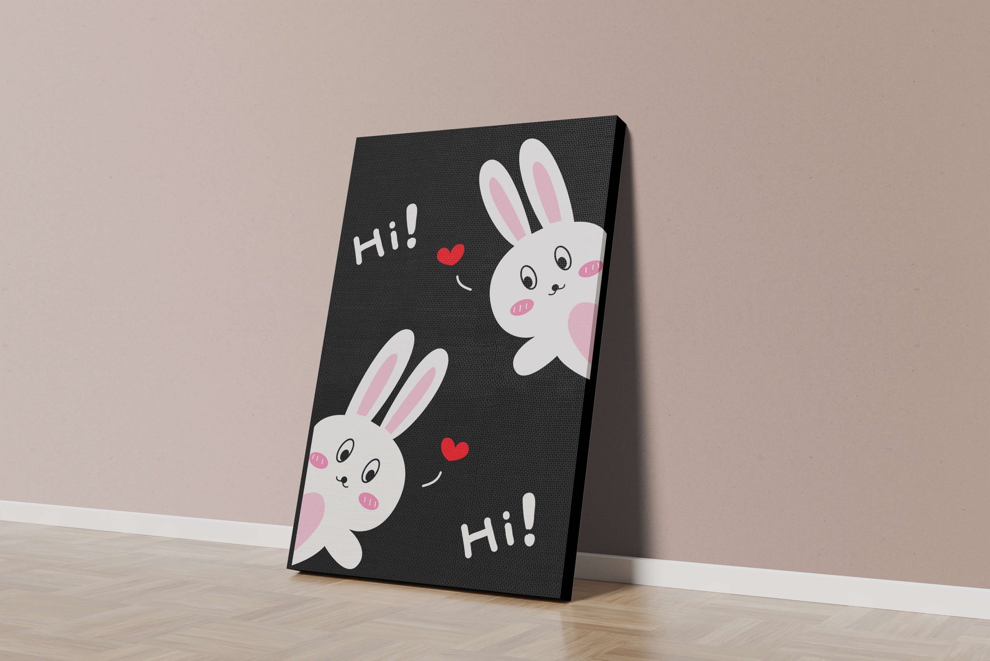 Charming bunny illustration with hearts on black background