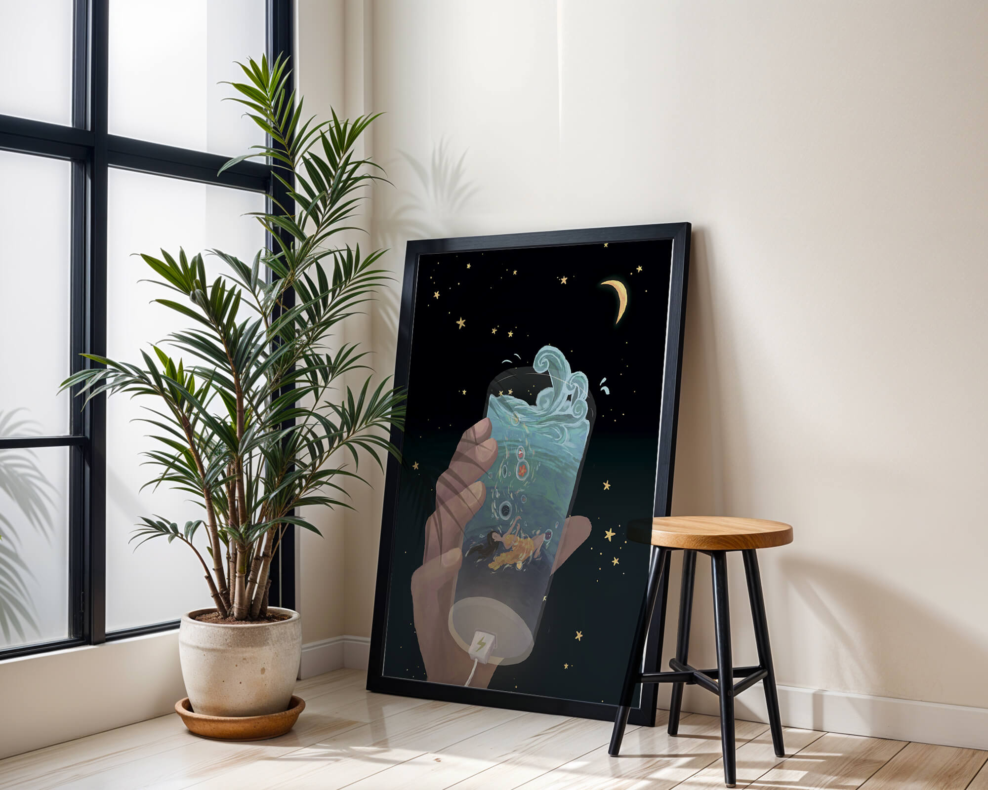 Abstract night sky scene with hand holding a glass of swirling water