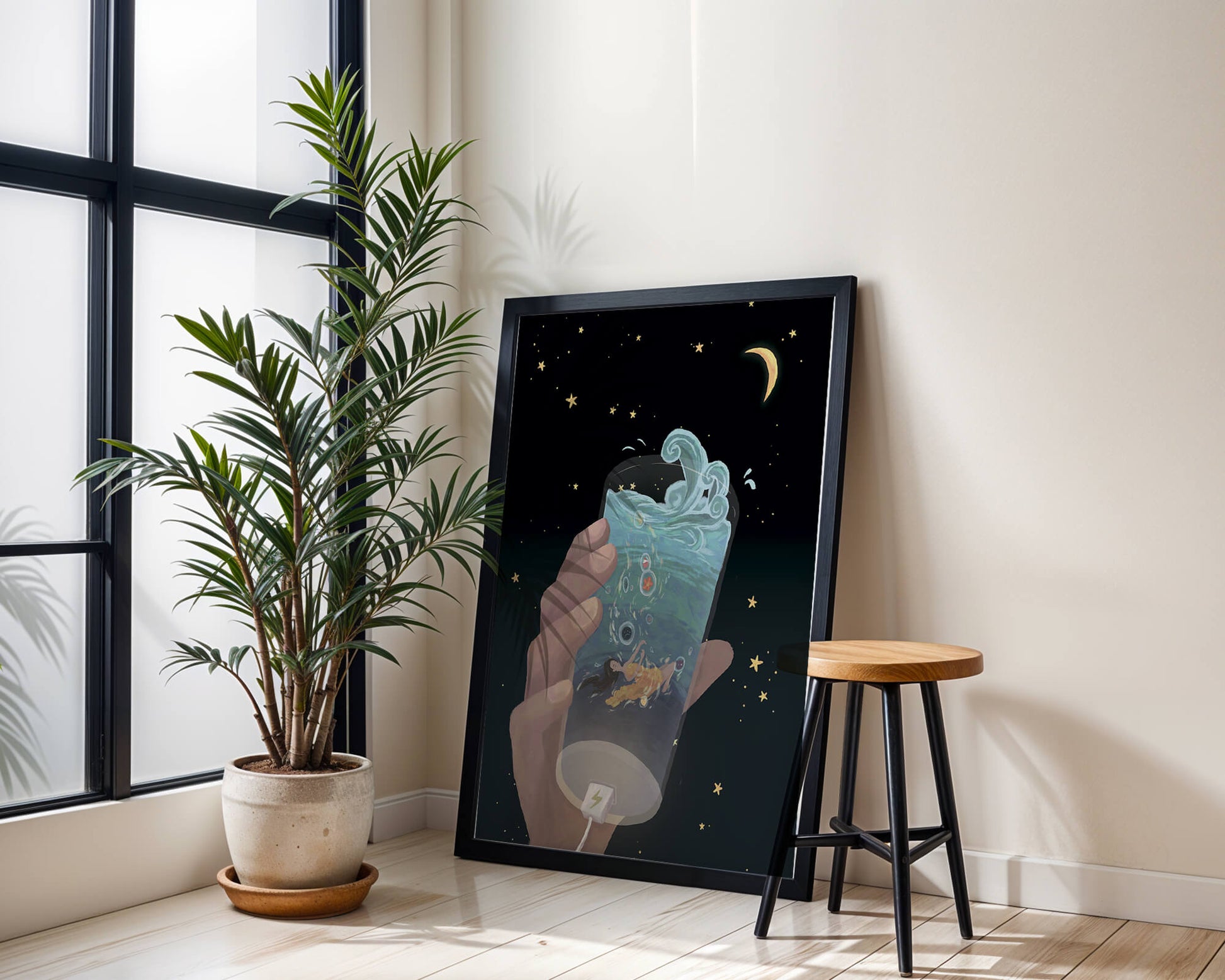 Abstract night sky scene with hand holding a glass of swirling water