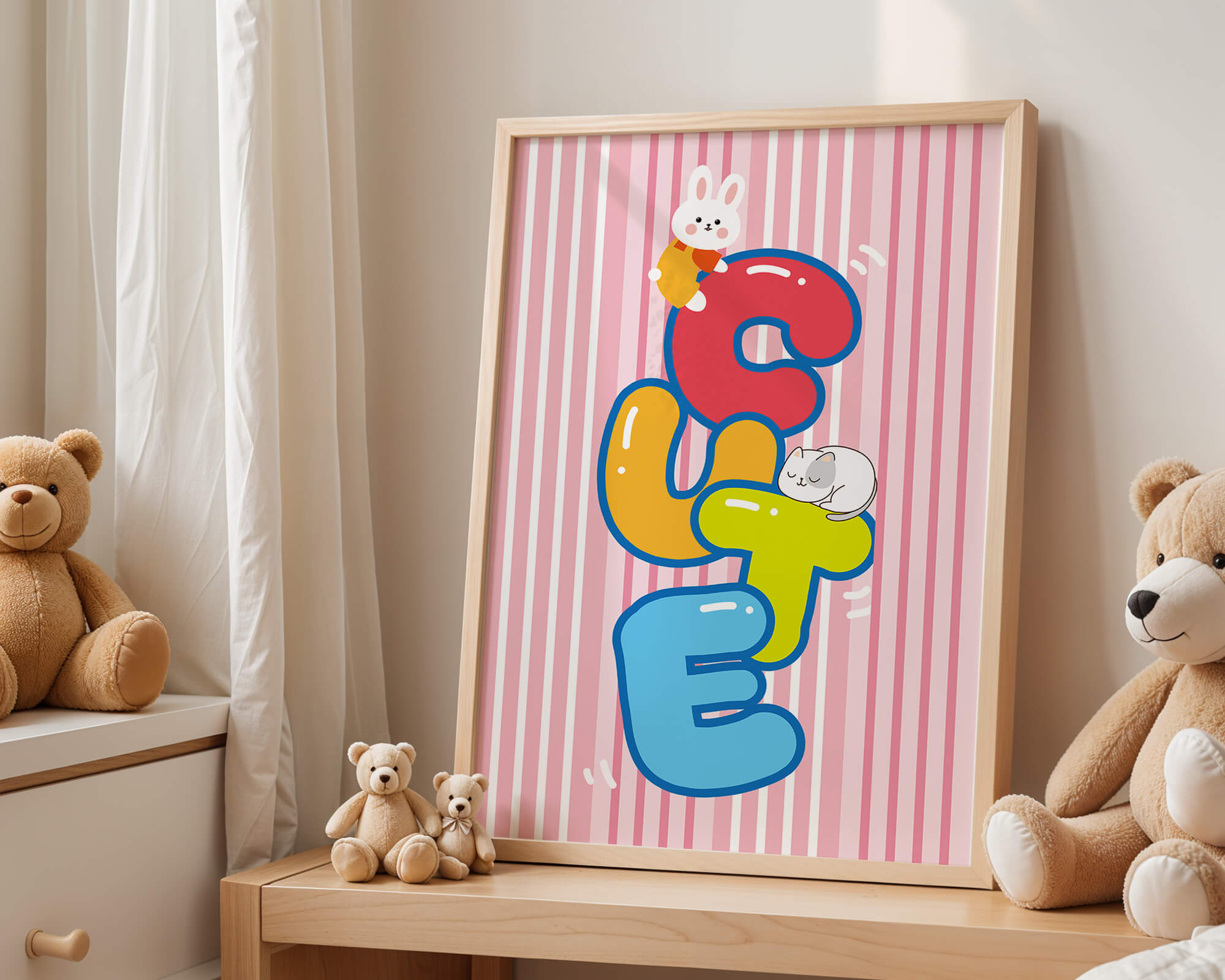 Playful cute illustration with bunny and kitten on colorful letters