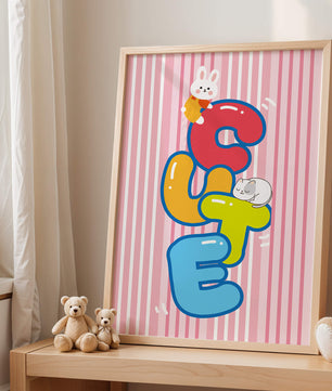 Ilustración lúdica y adorable con conejo y gatito sobre letras coloridas