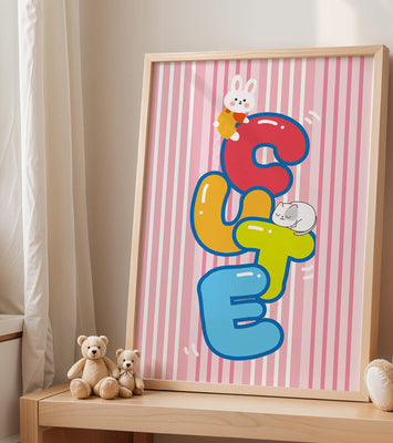 Playful cute illustration with bunny and kitten on colorful letters