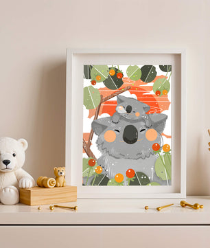 Koalas dans un cadre naturel vibrant aux tons orange et verts