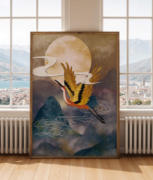 Majestic Gold-Crimson Crane Flying Over Misty Mountains in Moonlight