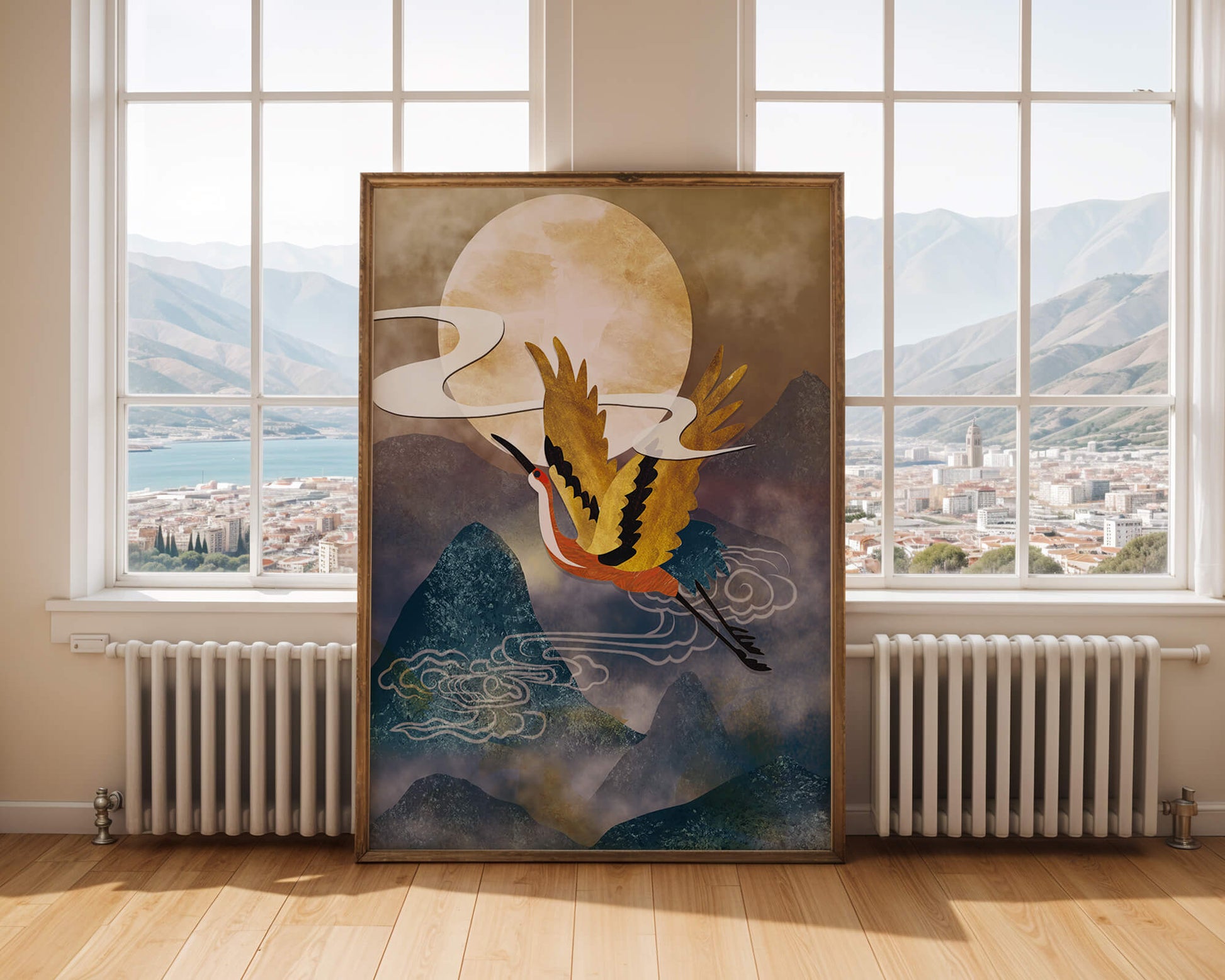Majestic Gold-Crimson Crane Flying Over Misty Mountains in Moonlight