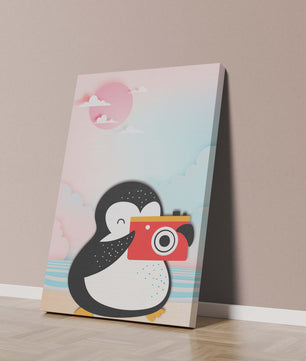 Whimsical penguin illustration with a camera on a pastel beach