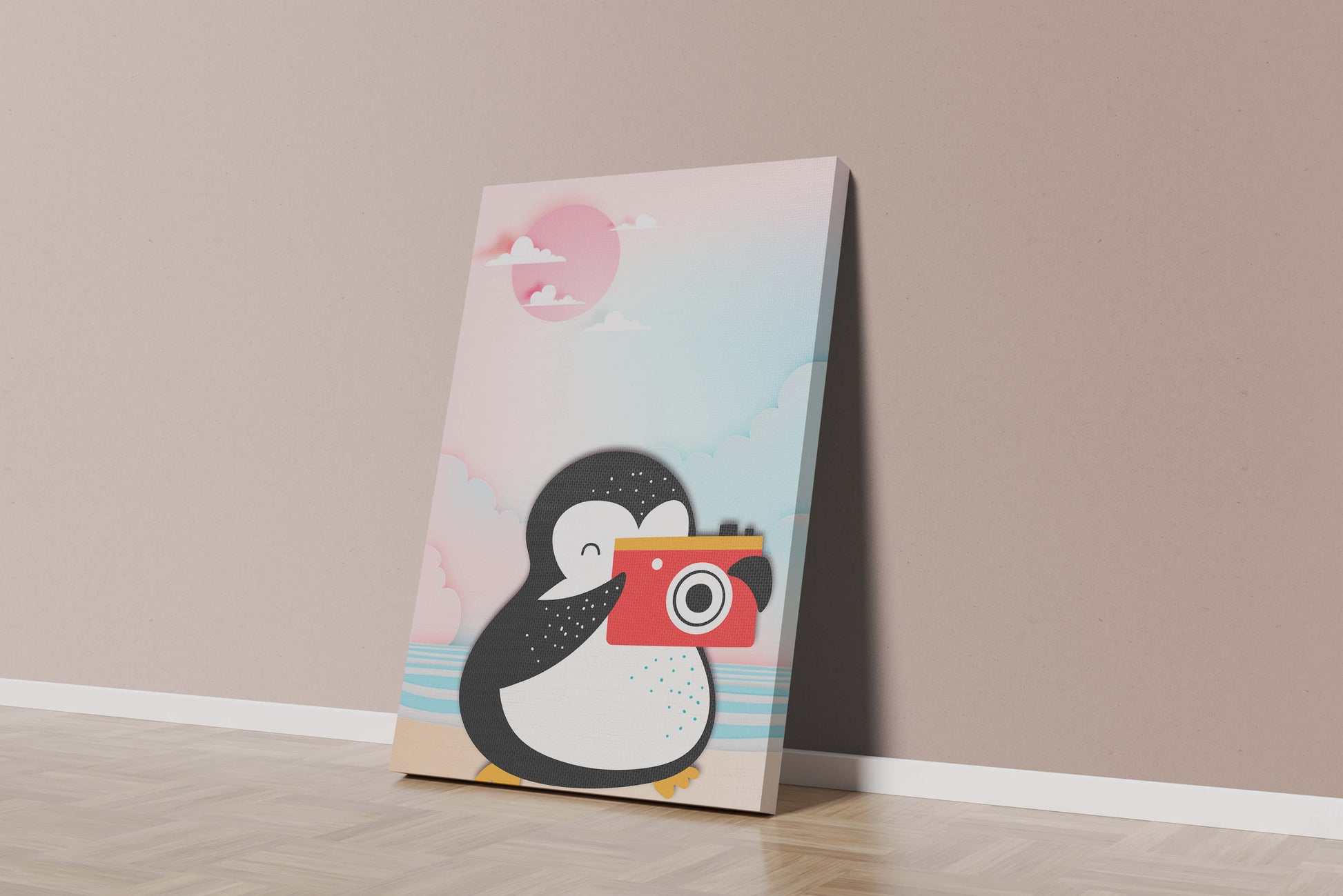 Whimsical penguin illustration with a camera on a pastel beach