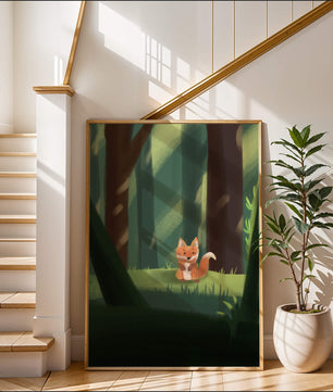 Charmante Illustration eines niedlichen Fuchses in einer ruhigen Waldlandschaft