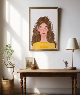 Illustrated portrait of a woman with long brown hair and expressive eyes