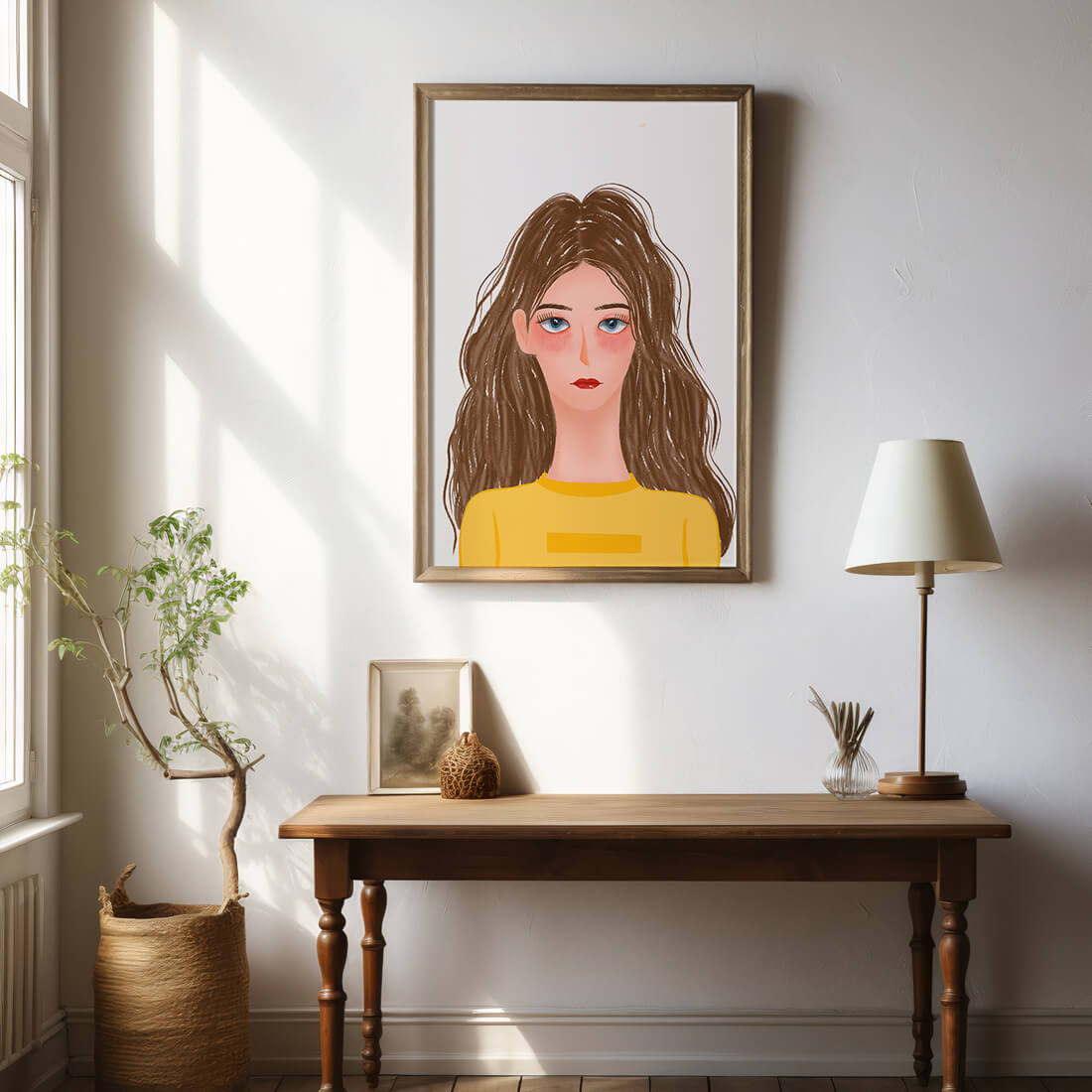 Illustrated portrait of a woman with long brown hair and expressive eyes