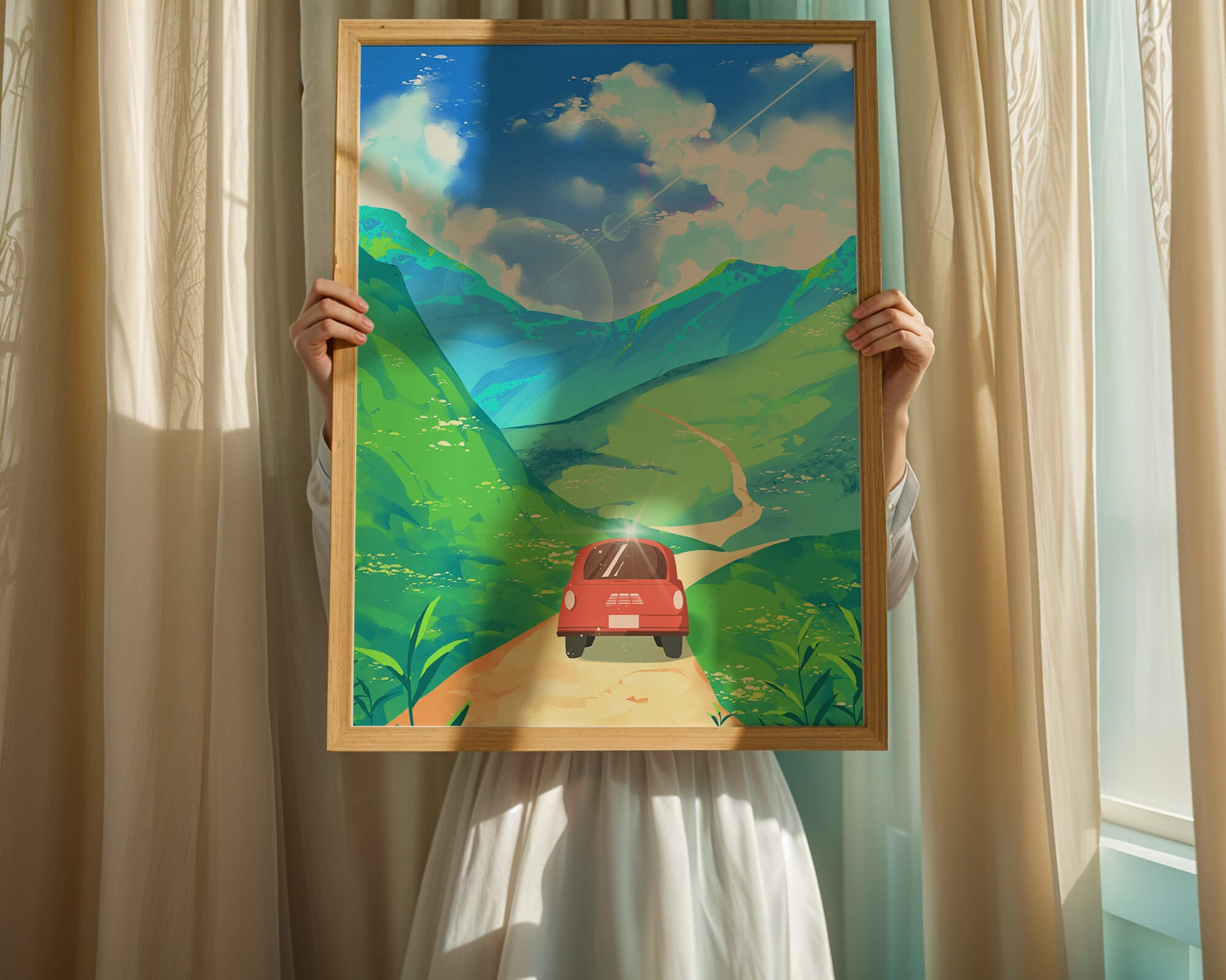 Red Car on a Scenic Road Through Green Hills Under a Vibrant Blue Sky