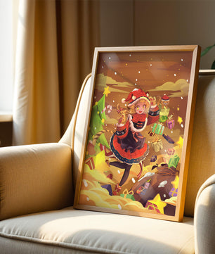 Festive anime character surrounded by gifts and holiday decor