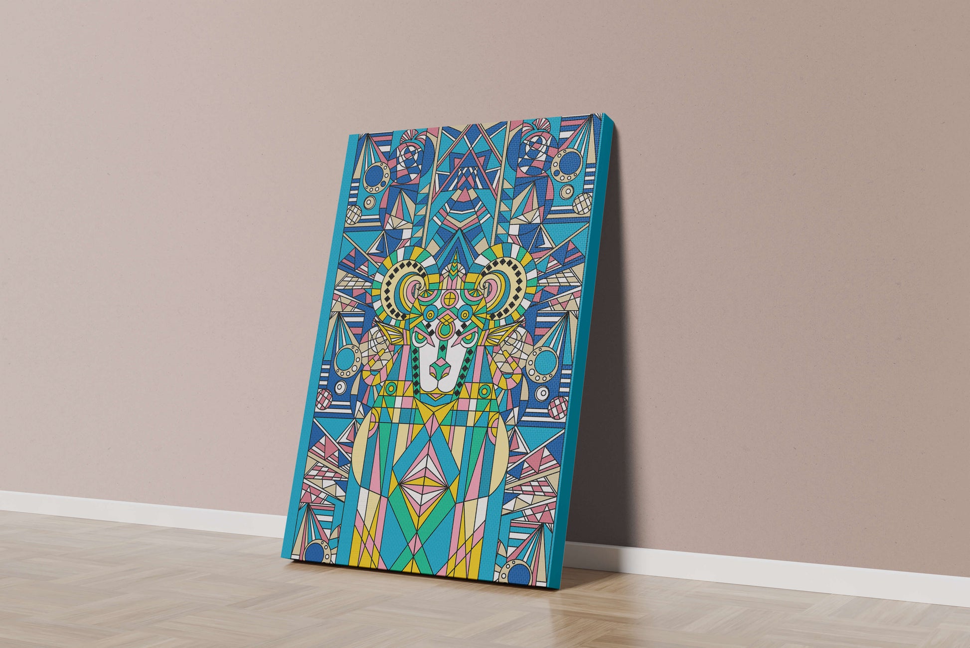 Diseño geométrico colorido de carnero con patrones simétricos