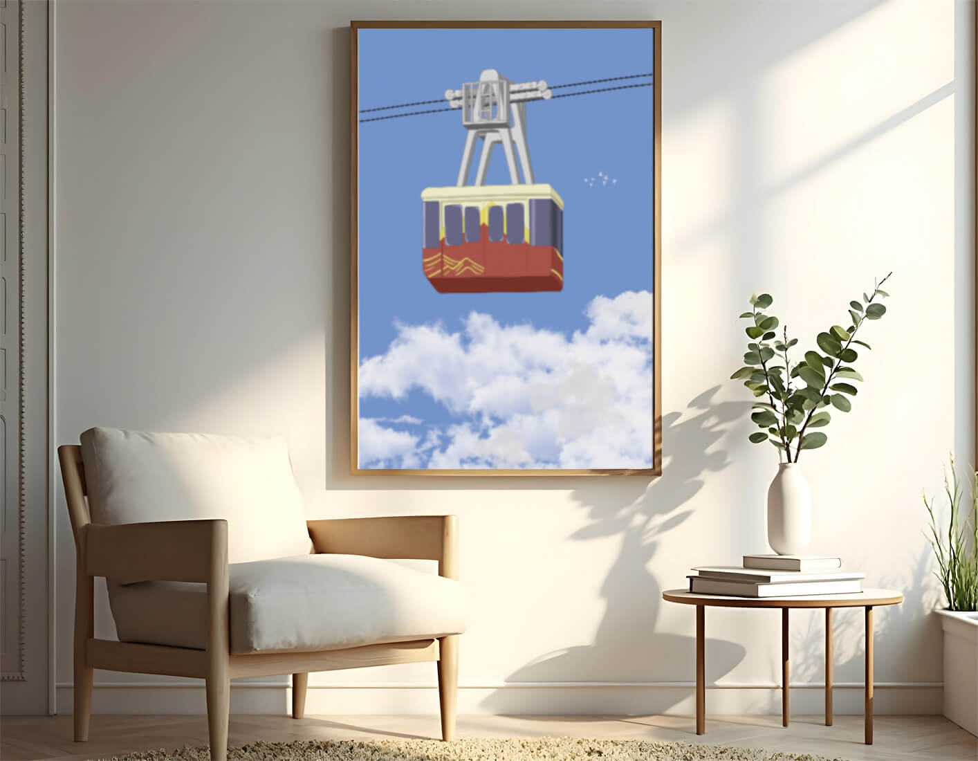 Colorful cable car against a clear blue sky