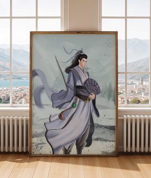 Guerrier élégant en tenue traditionnelle avec robes flottantes et éventail