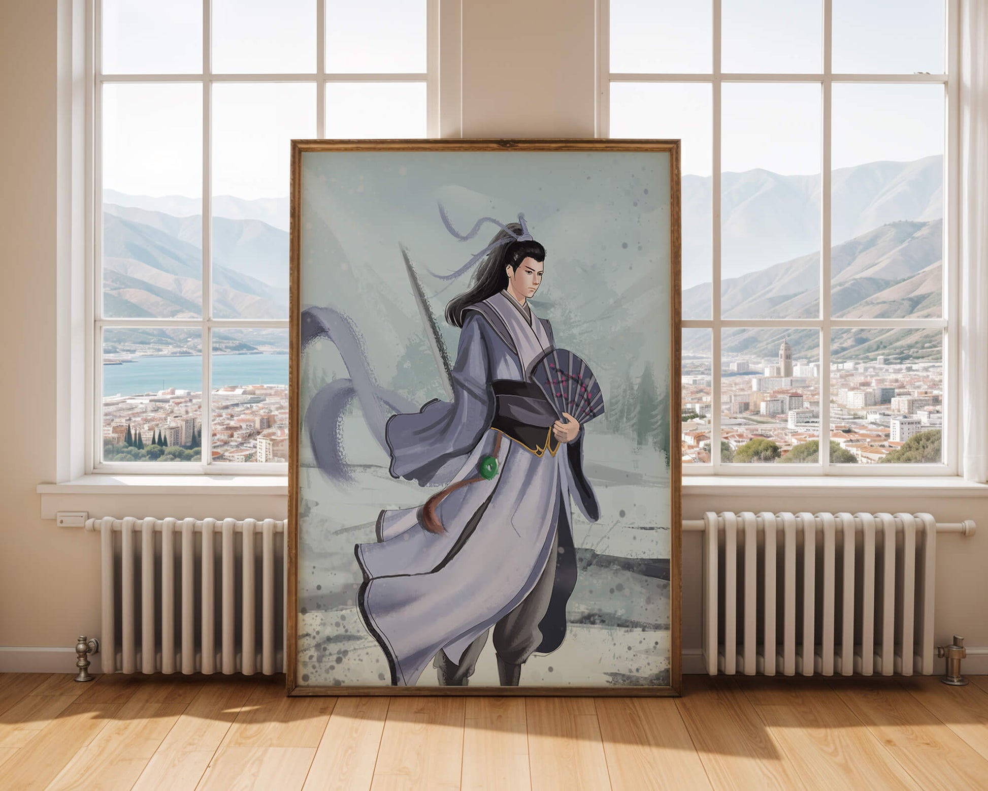 Elegant warrior in traditional attire with flowing robes and fan