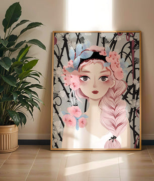 Ilustración caprichosa de una chica con cabello rosa y corona floral