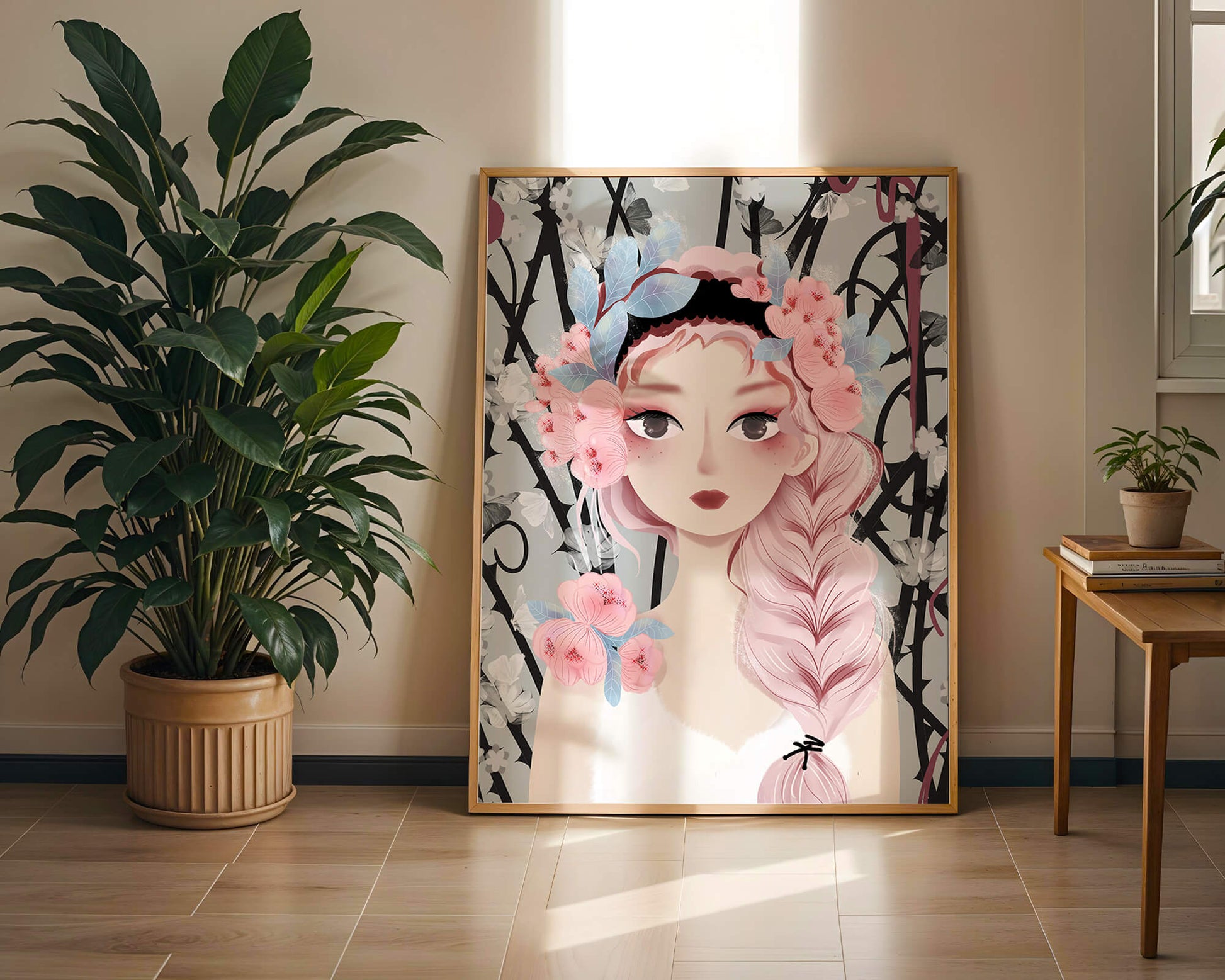 Whimsical illustration of a girl with pink hair and floral crown