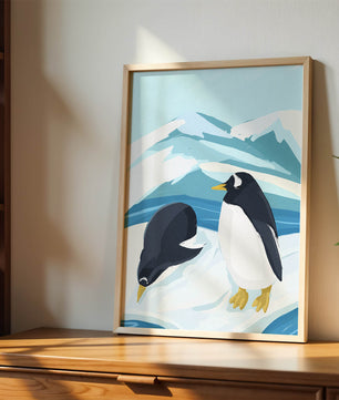 Gentoo penguins in an Antarctic landscape illustration