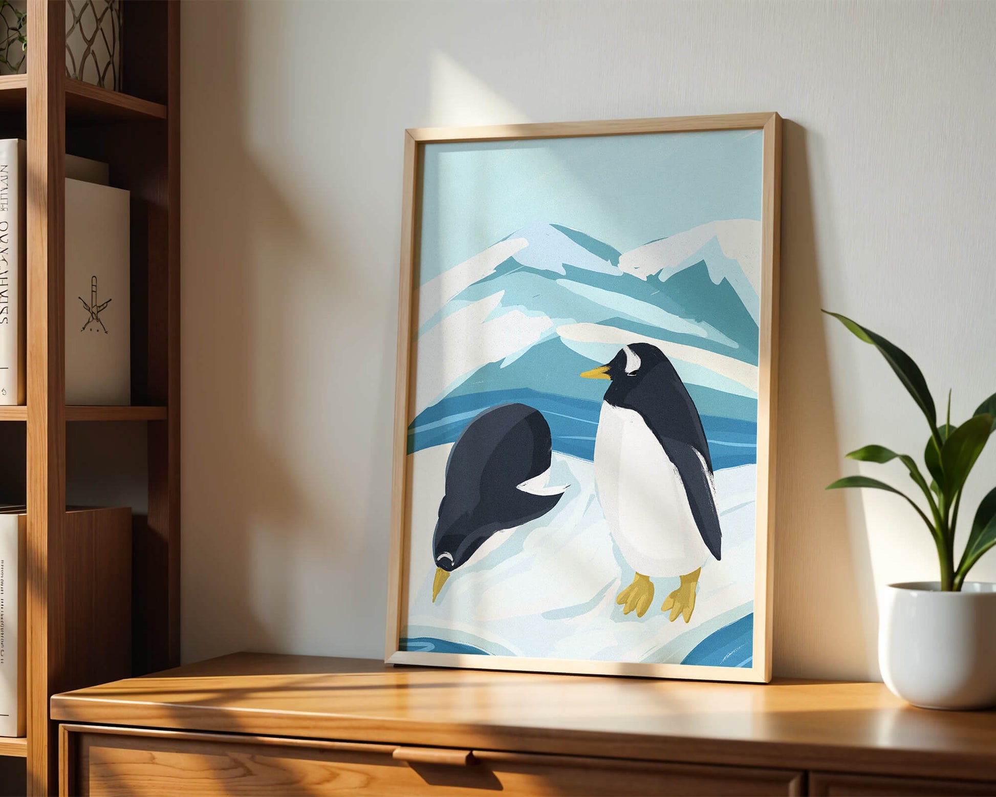 Gentoo penguins in an Antarctic landscape illustration