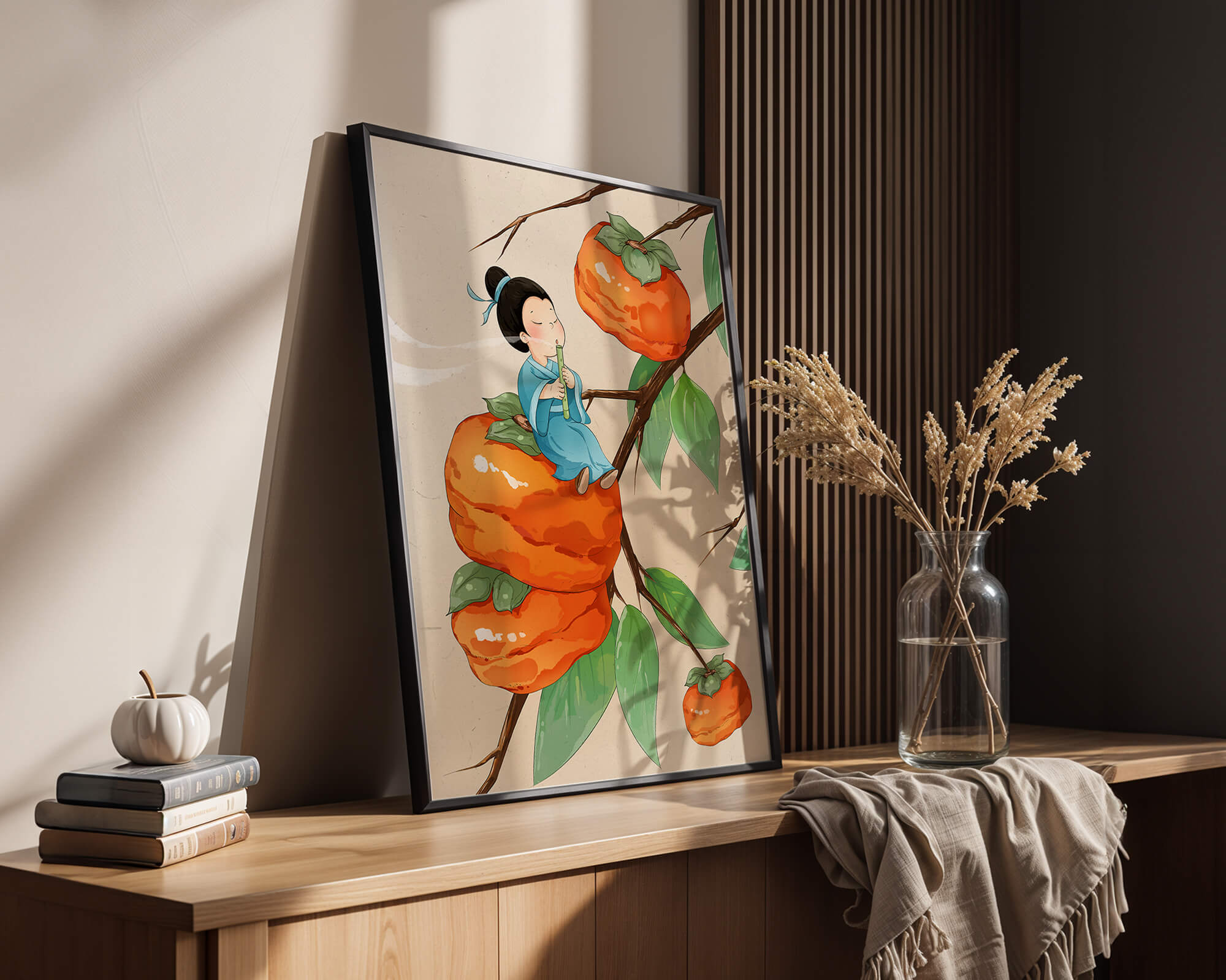 Child playing flute on persimmon-filled tree in whimsical illustration