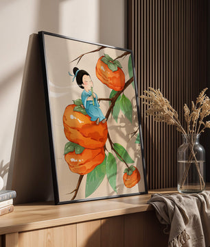 Child playing flute on persimmon-filled tree in whimsical illustration