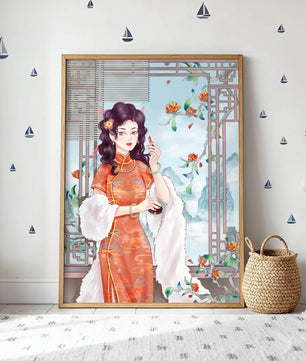 Elegant Woman in Traditional Chinese Dress with Decorative Background - Mi tienda