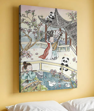 Tranquil Asian Garden Scene with Pandas and Blossoms