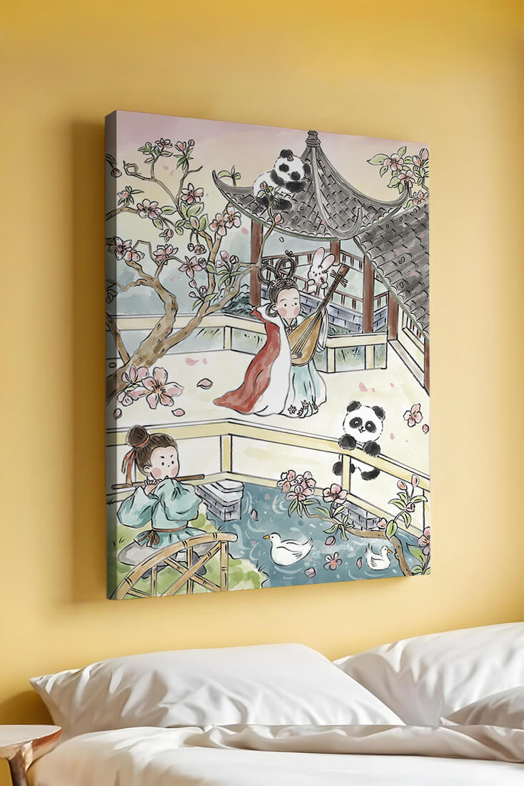 Escena tranquila de jardín asiático con pandas y flores