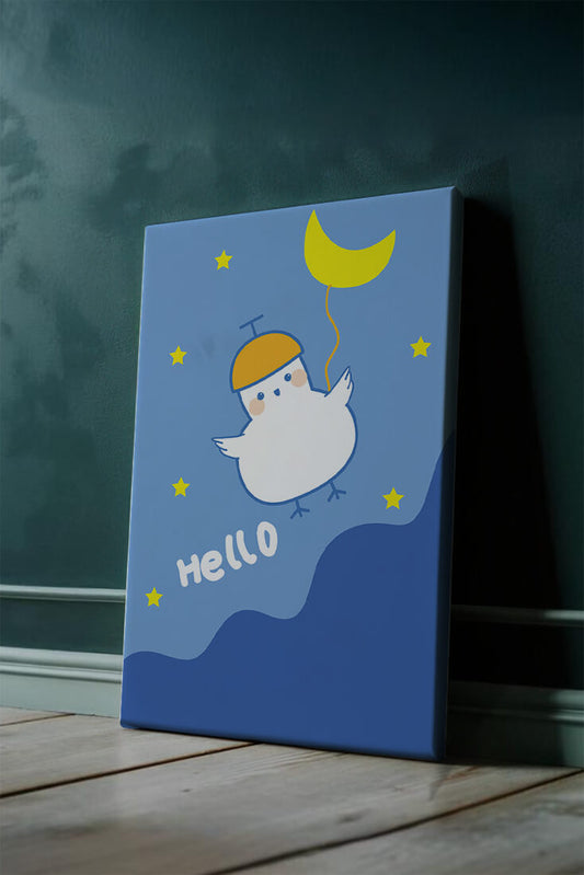 Charming cartoon bird with moon balloon and cheerful stars