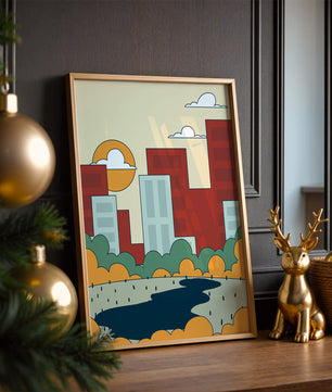 Cityscape At Sunset With Park And Lake