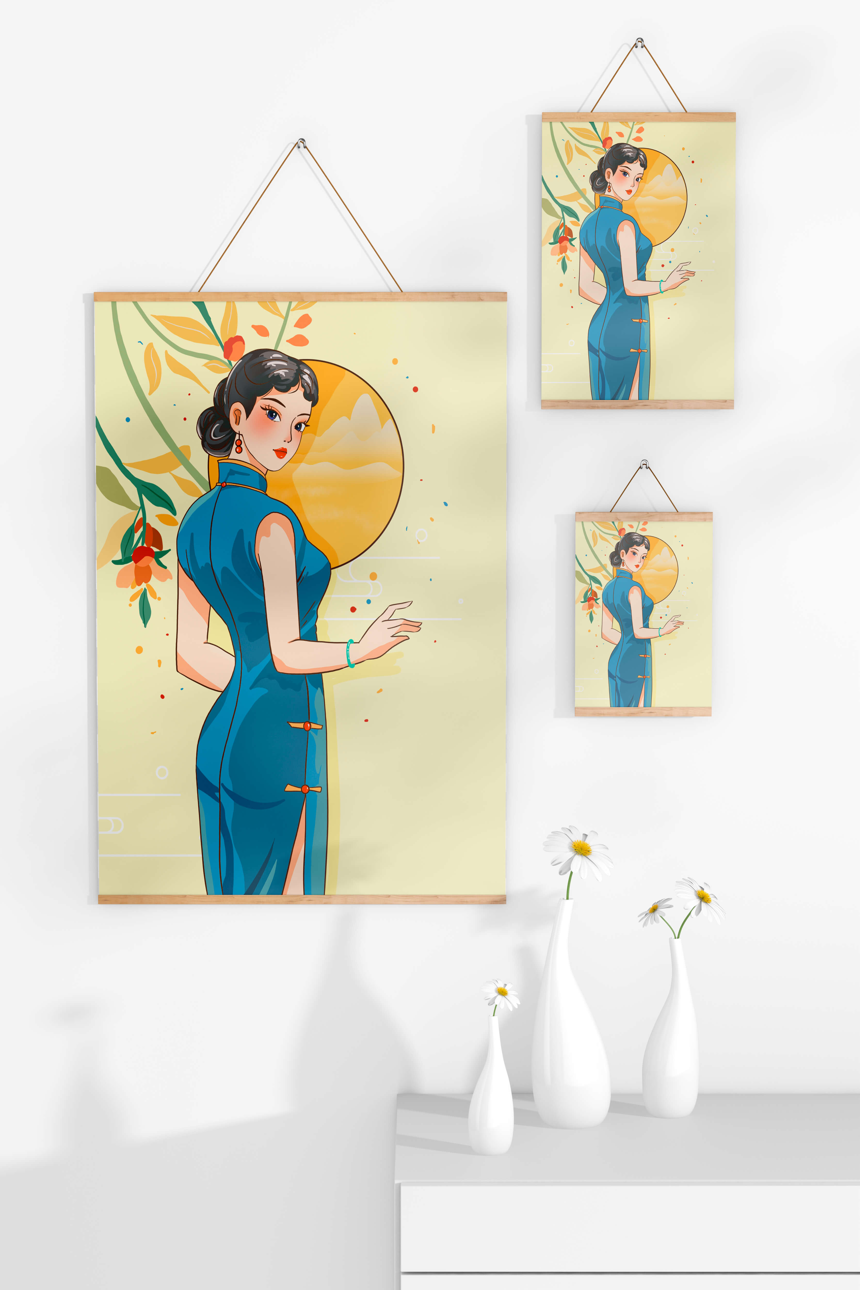Elegant Woman in Traditional Dress with Floral and Golden Sun Backdrop