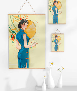 Mujer elegante con vestido tradicional y fondo floral y sol dorado