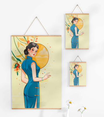 Elegant Woman in Traditional Dress with Floral and Golden Sun Backdrop