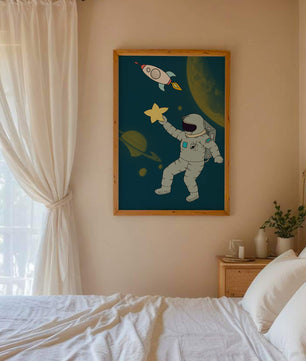Astronaut Reaching for Star with Rocket and Planets in Space Scene - Mi tienda