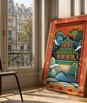 Traditionelle asiatische Architektur mit dekorativem Feuerwerk und Wellen