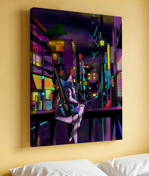 Paisaje urbano cyberpunk con un personaje futurista por la noche