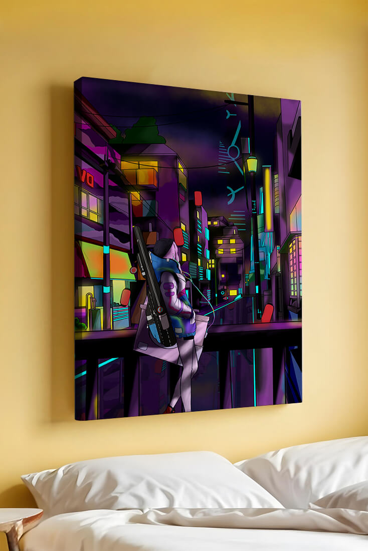 Cyberpunk cityscape with a futuristic character at night