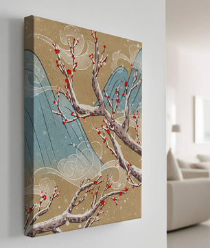 Traditional Japanese landscape with blooming cherry branches