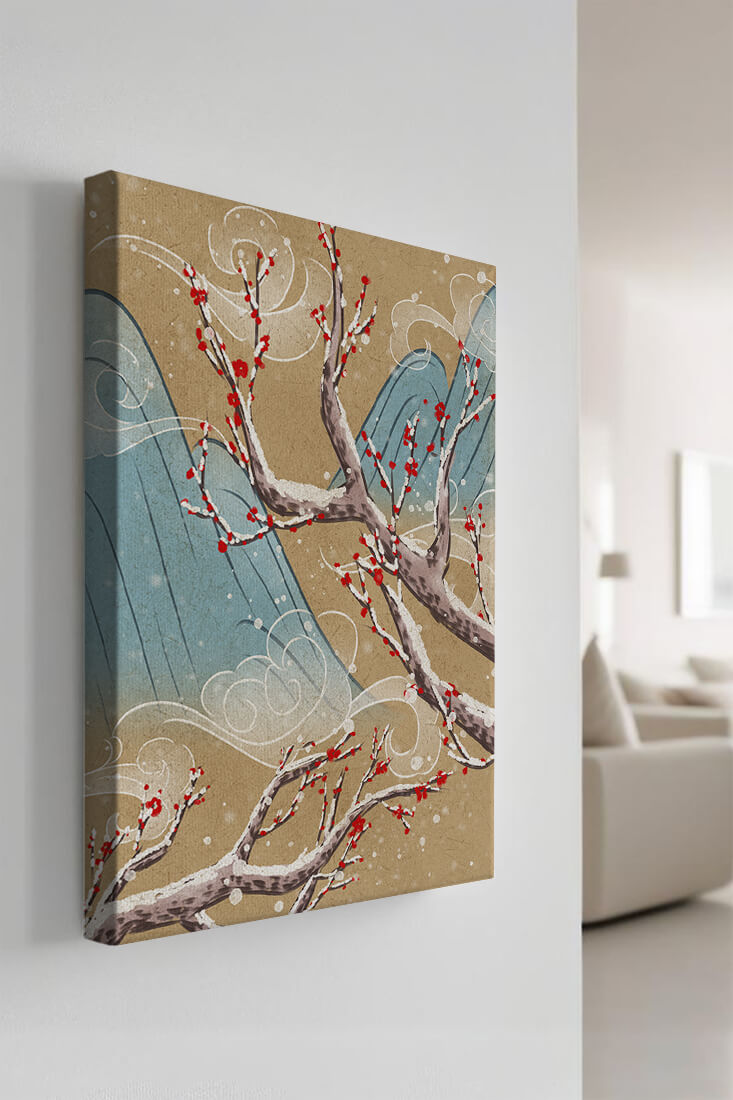 Traditional Japanese landscape with blooming cherry branches