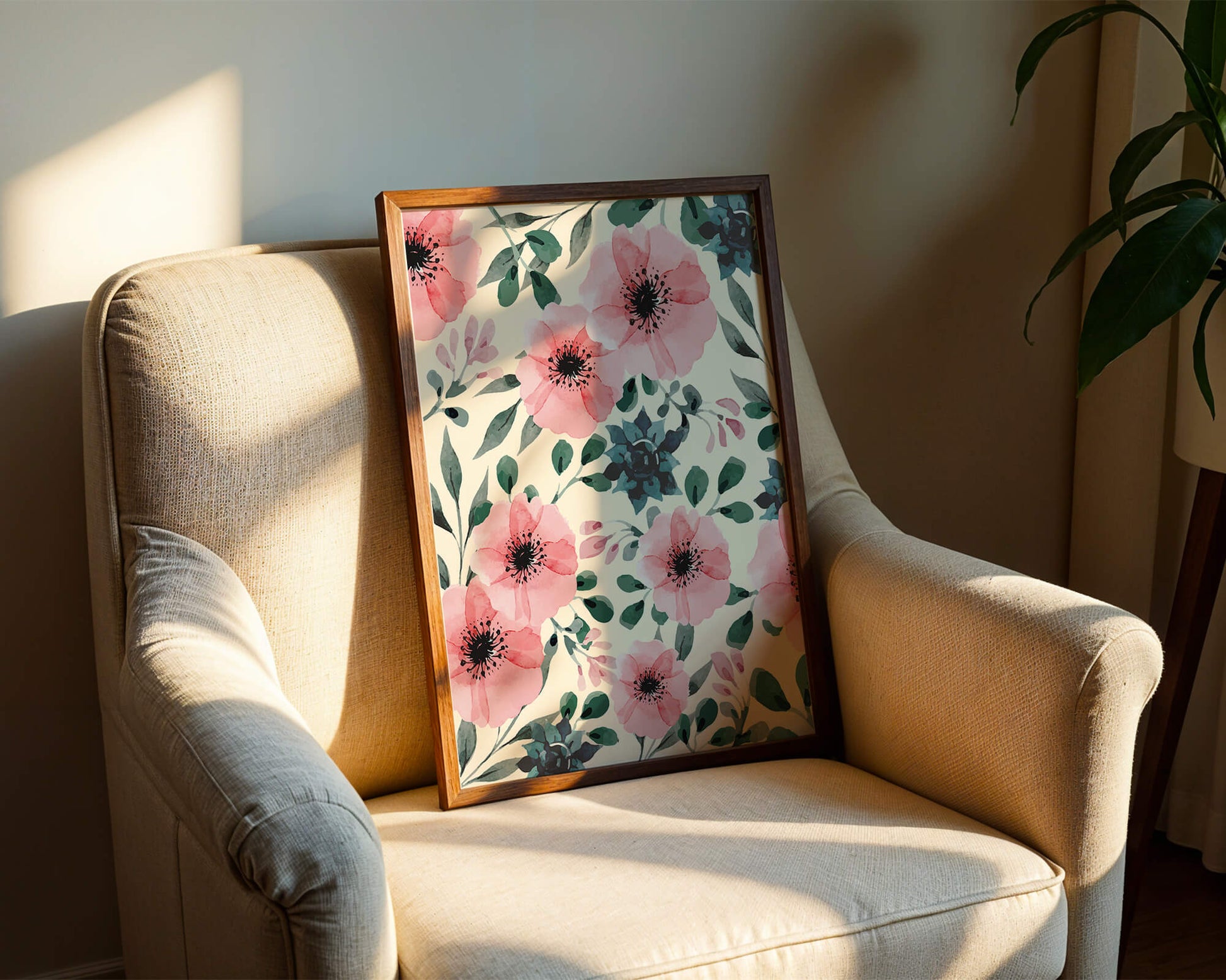 Floral Watercolor Pattern with Pink Flowers and Green Leaves