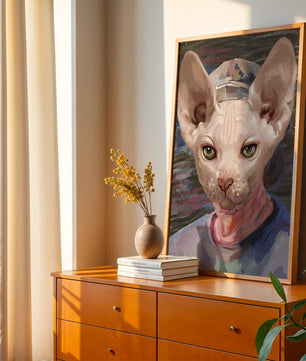 Painted portrait of a sphynx cat wearing a casual cap